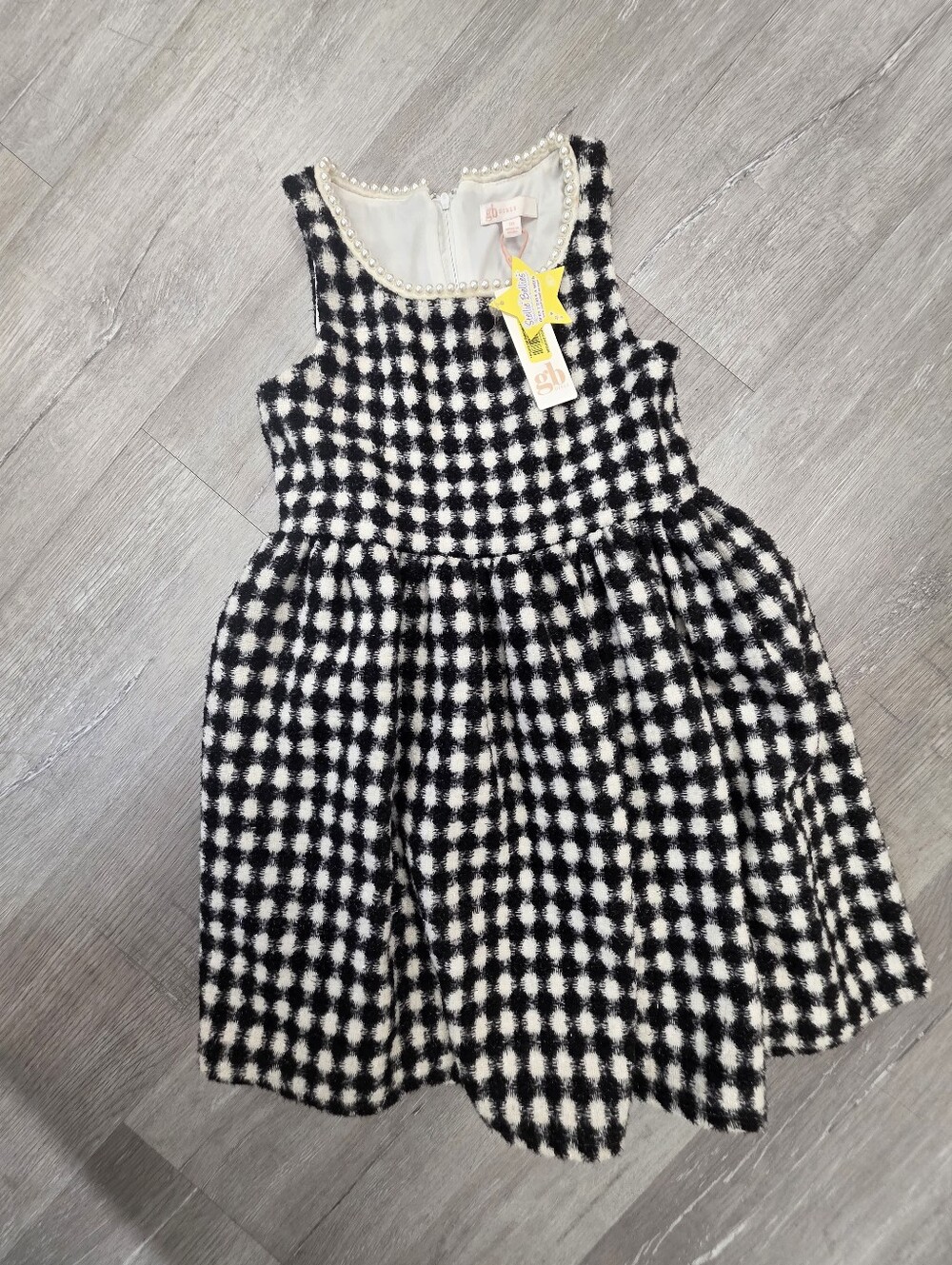 Girls TWEED Pearl-Trim Black & White Check Dress